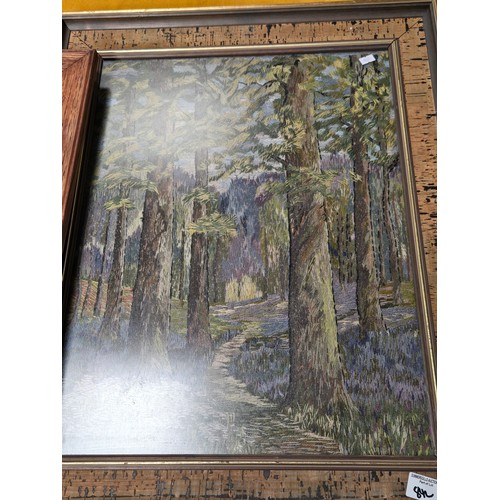 842 - A collection of 5 prints/paintings etc including embroidered framed picture and double sided oil on ... 