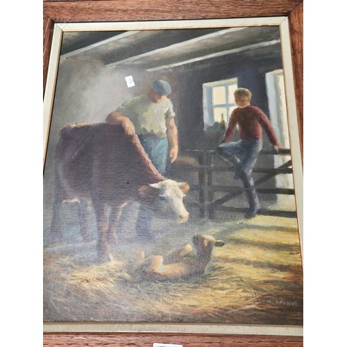 842 - A collection of 5 prints/paintings etc including embroidered framed picture and double sided oil on ... 