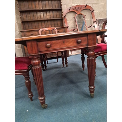 1006 - Victorian Mahogany drop leaf dining table with turned, reeded legs on castors 136cm x 120cm plus x4 ... 