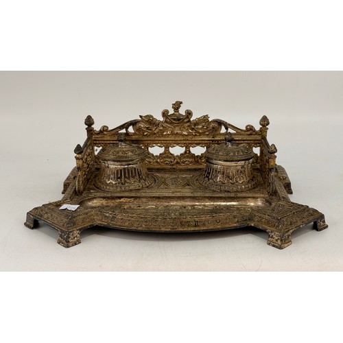 282 - Antique brass desk tidy with double inkwells with hinged lids 32cm x 22cm