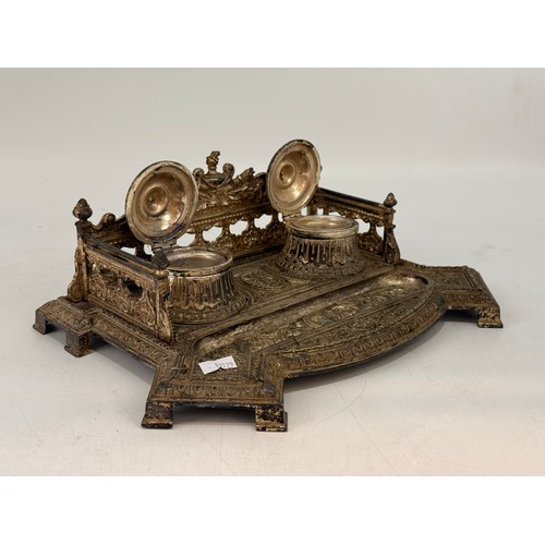 282 - Antique brass desk tidy with double inkwells with hinged lids 32cm x 22cm