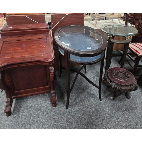 881 - A Mahogany Davenport, An Antique Bijouterie table plus A Chinese Hardwood plant stand and glass topp... 