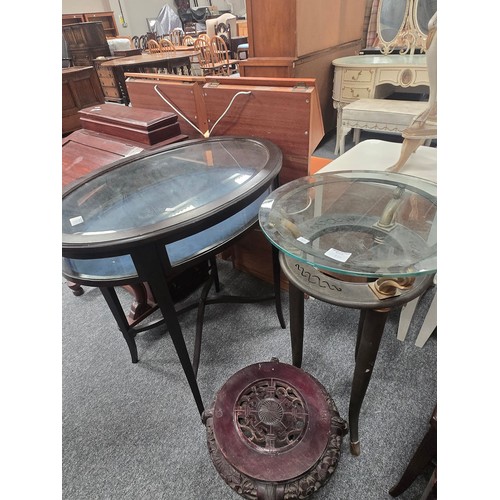 881 - A Mahogany Davenport, An Antique Bijouterie table plus A Chinese Hardwood plant stand and glass topp... 