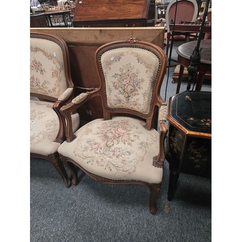 895 - A Louis XVI style sofa and armchair with carved frame and needlepoint floral tapestry W120cm