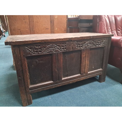 1024 - Antique Oak coffer with carved panels and hinged top 122cm x D51cm x H67cm