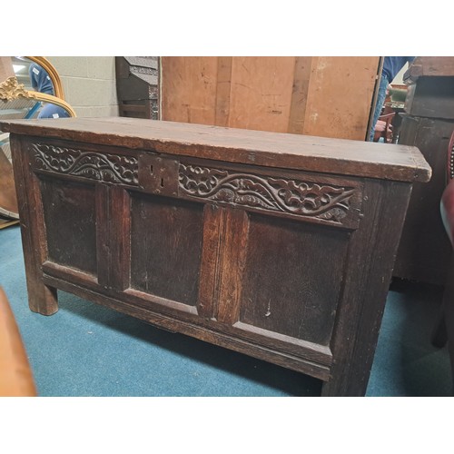 1024 - Antique Oak coffer with carved panels and hinged top 122cm x D51cm x H67cm