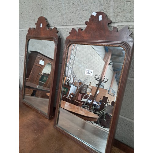 1027 - Pair of vintage Georgian style carved Mahogany wall mirrors with carved wooden frame and decorative ... 