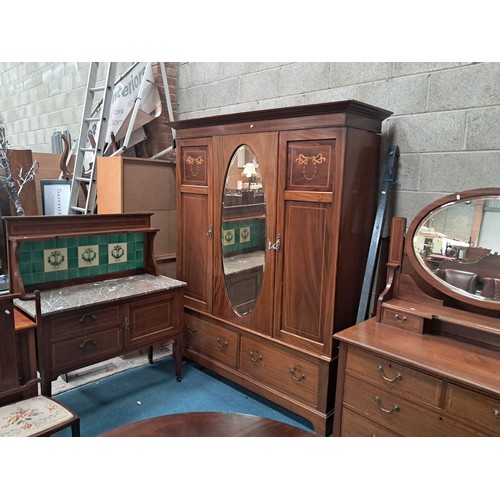 1033 - Eight piece Antique Edwardian inlaid Bedroom suite comprising Double bed, Dressing table with oval t... 