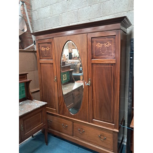 1033 - Eight piece Antique Edwardian inlaid Bedroom suite comprising Double bed, Dressing table with oval t... 