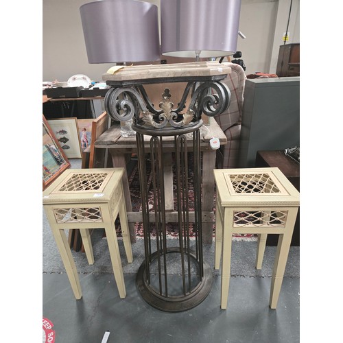 915 - Tall marble topped plant stand plus two shorter wooden plant stands