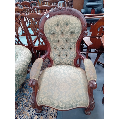1099 - A reproduction Victorian style chaise longue and matching arm chair