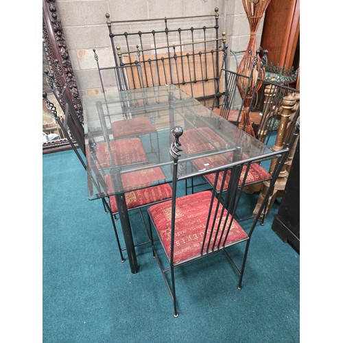 1020 - A modern glass and metal dining table with x6 metal dining chairs 1.6m x 90cm