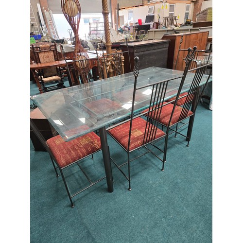 1020 - A modern glass and metal dining table with x6 metal dining chairs 1.6m x 90cm