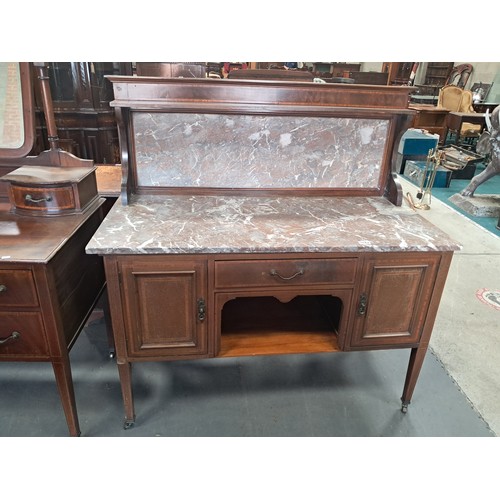 1042 - Four piece Edwardian Inlaid bedroom suite comprising of marble topped washstand, dressing table with... 