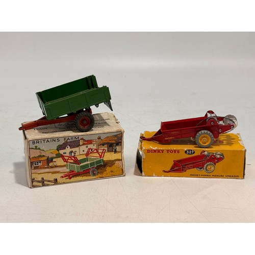 332 - A collection of toy vehicles and figures including Dinky 321 'Massey-Harris Manure Spreader' 27c, in... 