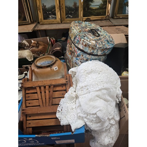 1185 - Victorian collage metal hat box plus 2 vintage lace rectangular table cloths, plus vintage lampshade... 
