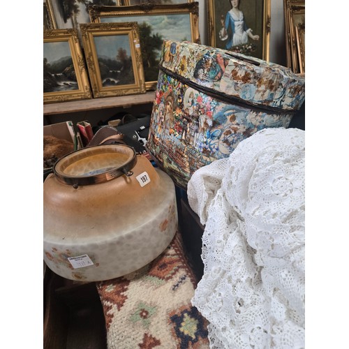1185 - Victorian collage metal hat box plus 2 vintage lace rectangular table cloths, plus vintage lampshade... 