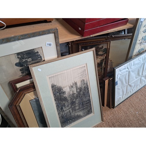 1165 - x11 framed historical prints incl ink engraving of Durham Cathedral, framed Indenture, 