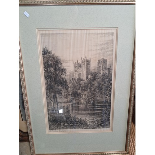 1165 - x11 framed historical prints incl ink engraving of Durham Cathedral, framed Indenture, 