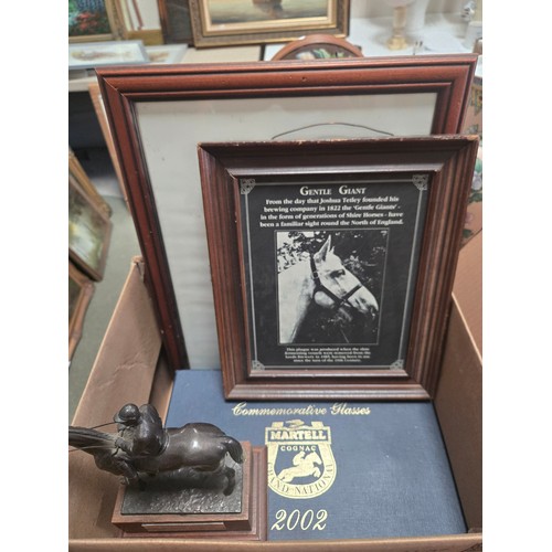 1187 - A box containing statue of racehorse, A commemorative slate Tetleys of 'Gentle Giant' , world stamp ... 