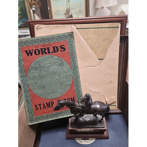 1187 - A box containing statue of racehorse, A commemorative slate Tetleys of 'Gentle Giant' , world stamp ... 