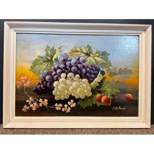 512 - Charles Brayford Brough (1855-1922), Still life of grapes, strawberries and flowers, oil on board, s... 