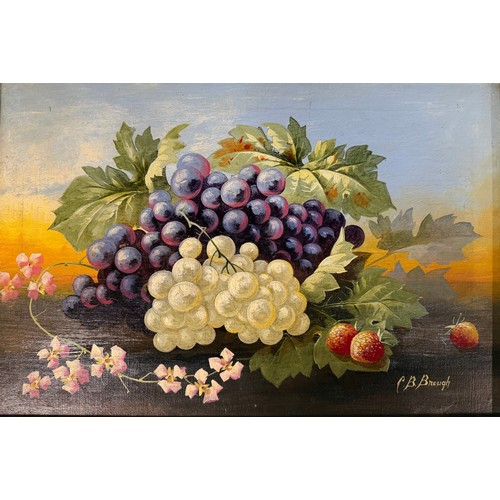 512 - Charles Brayford Brough (1855-1922), Still life of grapes, strawberries and flowers, oil on board, s... 
