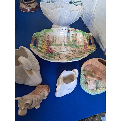 710 - x6 pieces of Sylvac pottery incl 2 handled dish, 1205 Terrier dog figure and 1510 lop-eared seated r... 