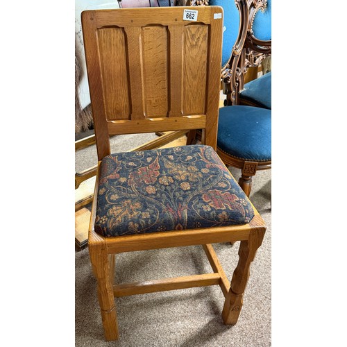 662 - 'Knightman' Family, Old Mill Furniture, an oak dining chair with panel back and drop-in upholstered ... 