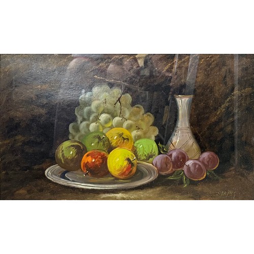 550 - 20th Century, Still life of fruits and vase, oil on board, indistinctly signed lower right, framed a... 