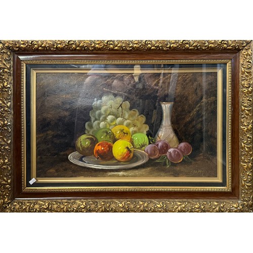 550 - 20th Century, Still life of fruits and vase, oil on board, indistinctly signed lower right, framed a... 