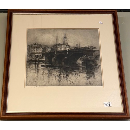 679 - Hedley Fitton (1859-1929), London Bridge, etching, signed in pencil to margin, framed. 37cm by 39cm