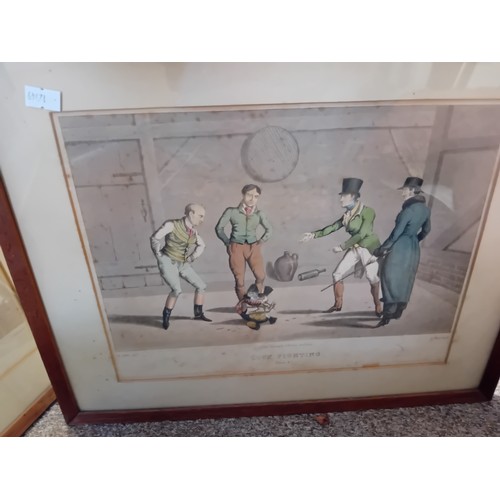 619 - A collection of five assorted framed pictures comprising a pair of Cock Fighting coloured engravings... 