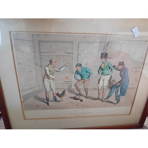 619 - A collection of five assorted framed pictures comprising a pair of Cock Fighting coloured engravings... 