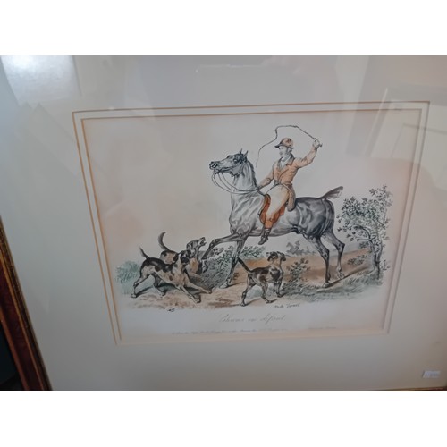 619 - A collection of five assorted framed pictures comprising a pair of Cock Fighting coloured engravings... 