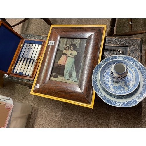 498 - An antique hand coloured photograph in mahogany frame, a boxed set of mother of pearl handled plated... 
