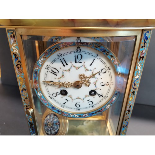 49 - A French Belle Epoque four-glass Mantel Clock.  intricate champleve enamel boarders on the frame of ... 