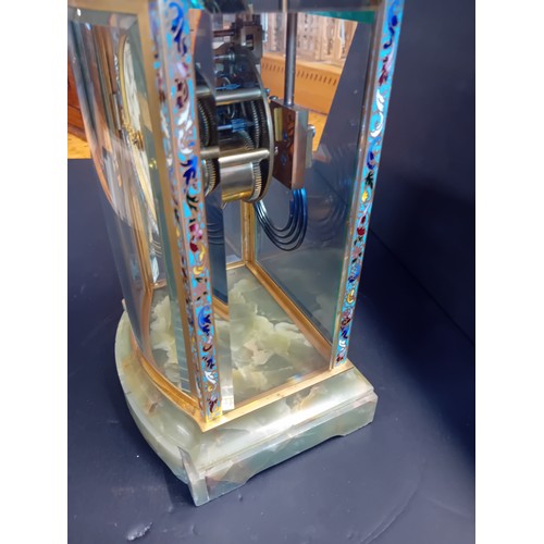 49 - A French Belle Epoque four-glass Mantel Clock.  intricate champleve enamel boarders on the frame of ... 