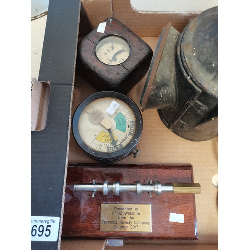 695 - Pair of antique needle single needle block telegraph instruments plus railwayana items - lantern, me... 