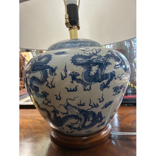 648 - A Ralph Lauren continental style blue and white lamp, painted with dragons, with cream shade, 56cm h... 