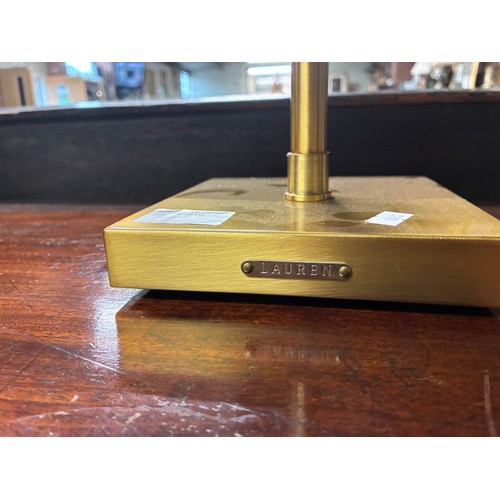631 - A pair of brushed brass Ralph Lauren desk lamps, with twin lights, labelled to base, 40cm high