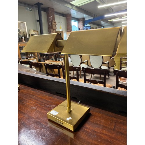 631 - A pair of brushed brass Ralph Lauren desk lamps, with twin lights, labelled to base, 40cm high