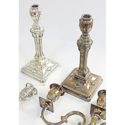 102 - A large pair of Neo Classical style silver candelabra, Barker Ellis Silver Co, Birmingham 1973, each... 