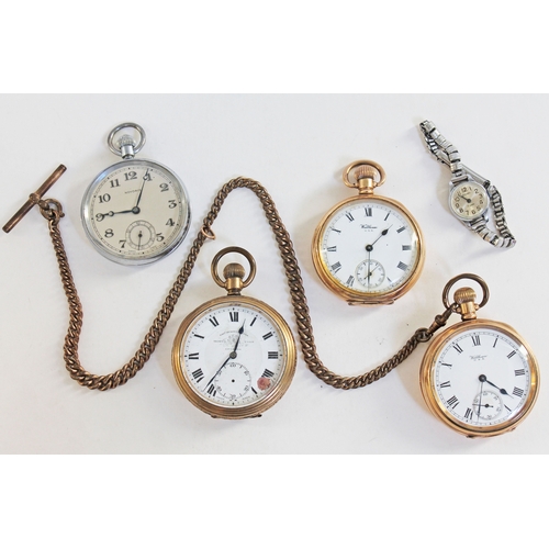 106 - Three gold plated pocket watches, another and a Sekonda wristwatch.