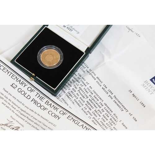 107 - A Royal Mint 1994 gold proof double sovereign incorrect obverse die with recall letter.