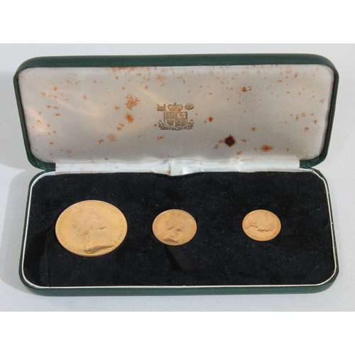 111 - Isle of Man gold proof three coin set Bicentenary of the Revestment Act 1965 comprising five pound c... 