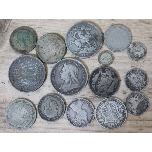 123 - A mixed lot of silver coins including three crowns 1893, 1902 & 1937, four half crowns 1836, 1912, 1... 