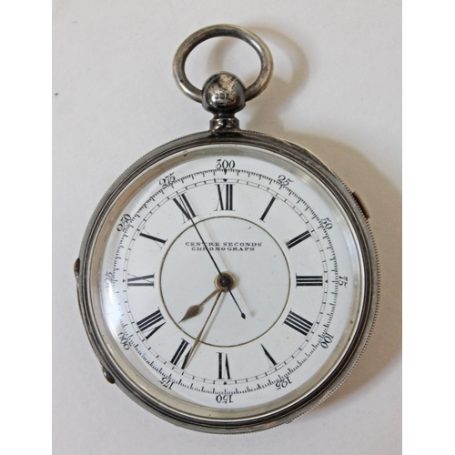 126 - A hallmarked silver centre seconds chronograph pocket watch, diam. 6cm.