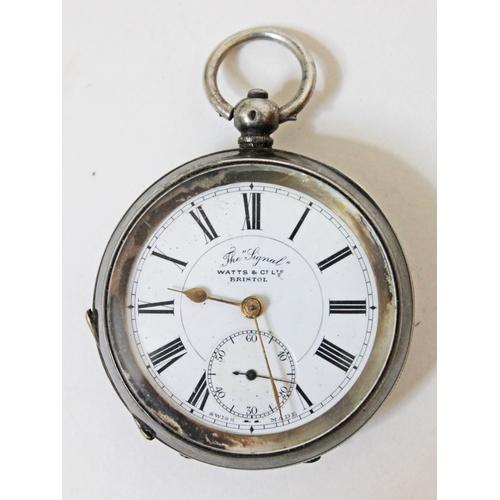 127 - A silver pocket watch 'The signal' by Watts & Co Ltd Bristol, diam. 5.3cm.