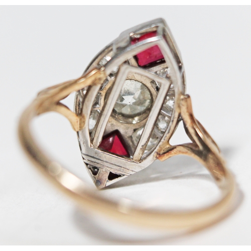 145 - An Art Deco diamond and ruby coloured stone ring, the central stone approx. 0.50 carats, yellow and ... 